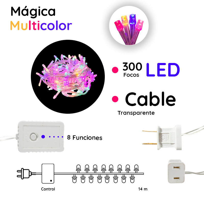 Serie De Luces Led Navideña 300 Focos Luz Multicolor 14 Mts