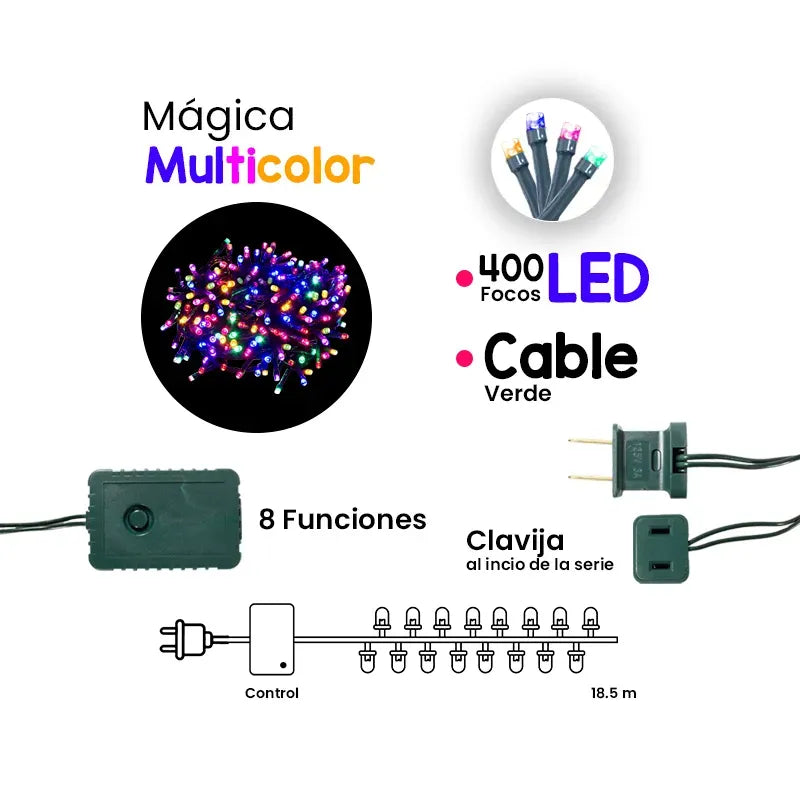 Seria Navideña 400 Luces Led Luz Multicolor 8 Funciones 18 Mts